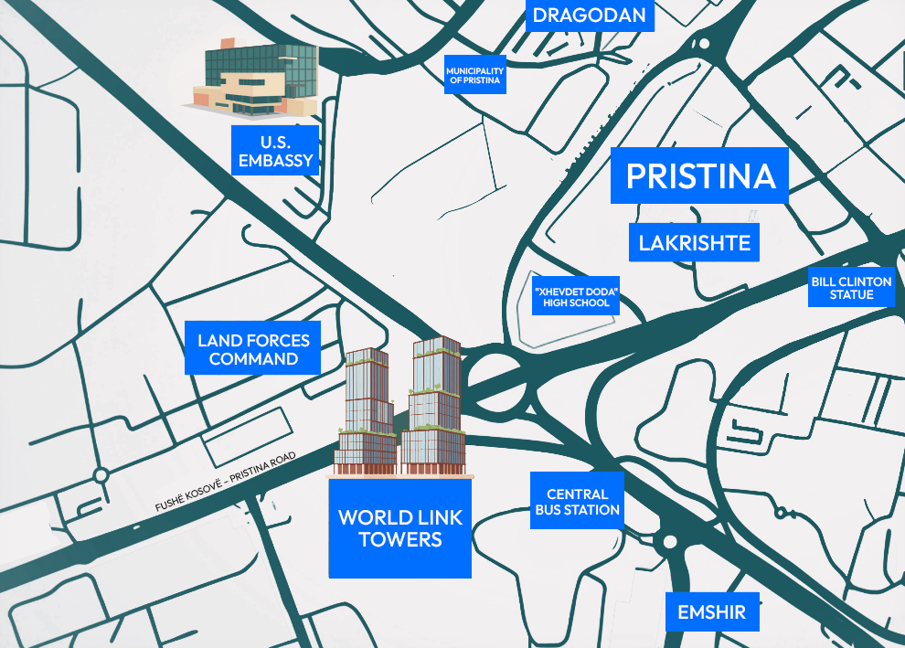 World Link Towers location along Prishtina’s airport corridor